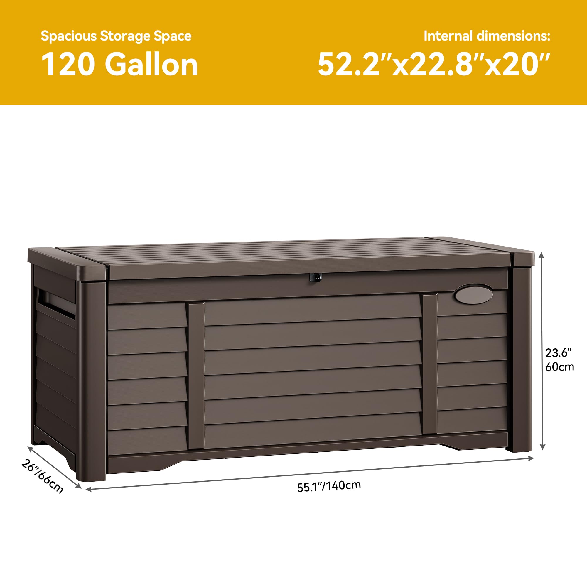 DWVO Large Deck Box 120 Gallon Waterproof Outdoor Storage Box, Extra Large Outdoor Storage Bin, Resin Louvered Patio Storage for Outdoor Pillows, Garden Tools & Pool Supplies, Lockable, Dark Brown