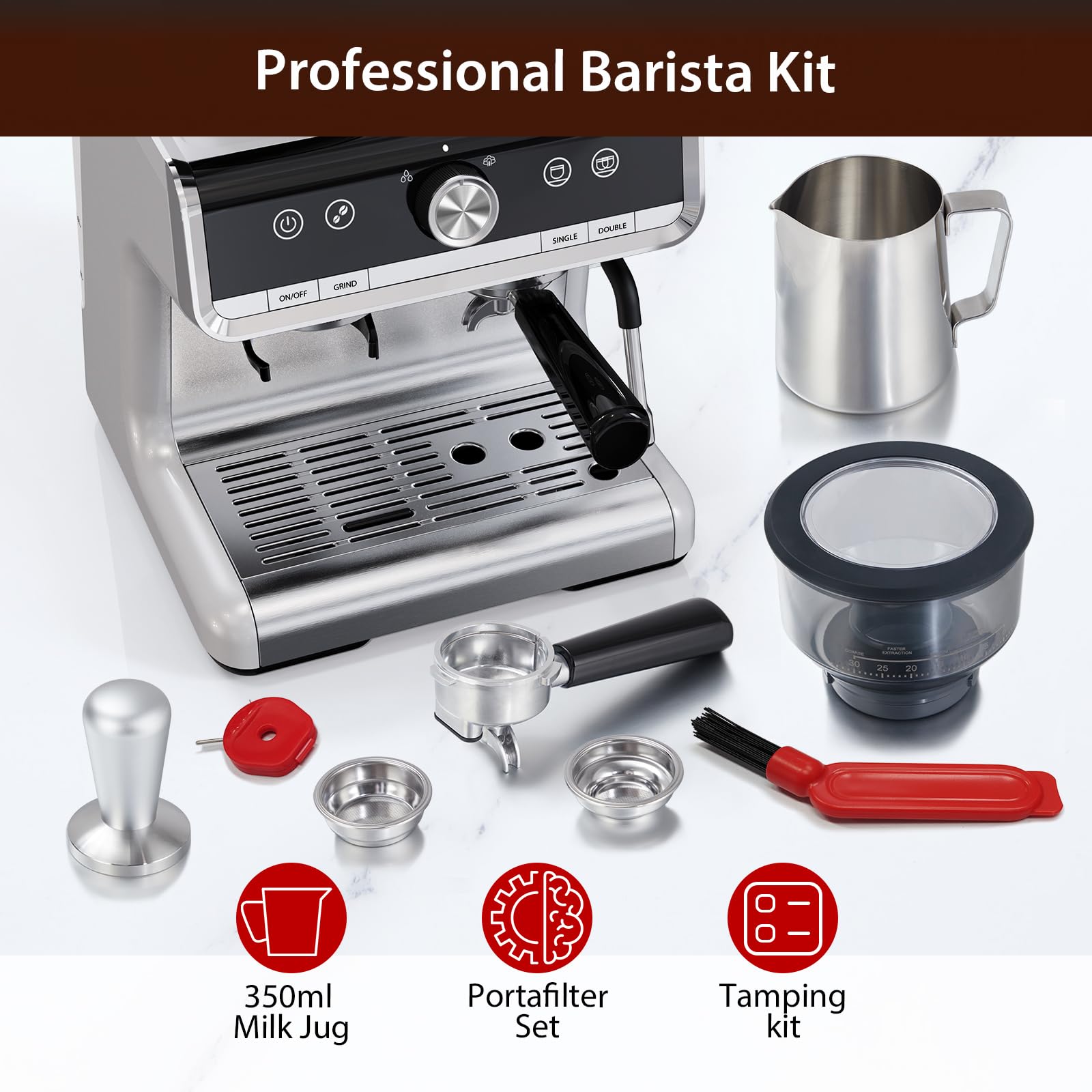 Espresso Machine with Grinder, Milk Frother Wand, 1450W, 20 Bar Professional Espresso Maker with Barista Kit, 2.8L Water Tank for Cappuccinos or Macchiatos