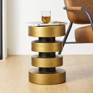 glitzhome modern industrial 12” dia round side table in antique gold black, floating disks accent stool end table for living room, bedroom, entryway and small spaces