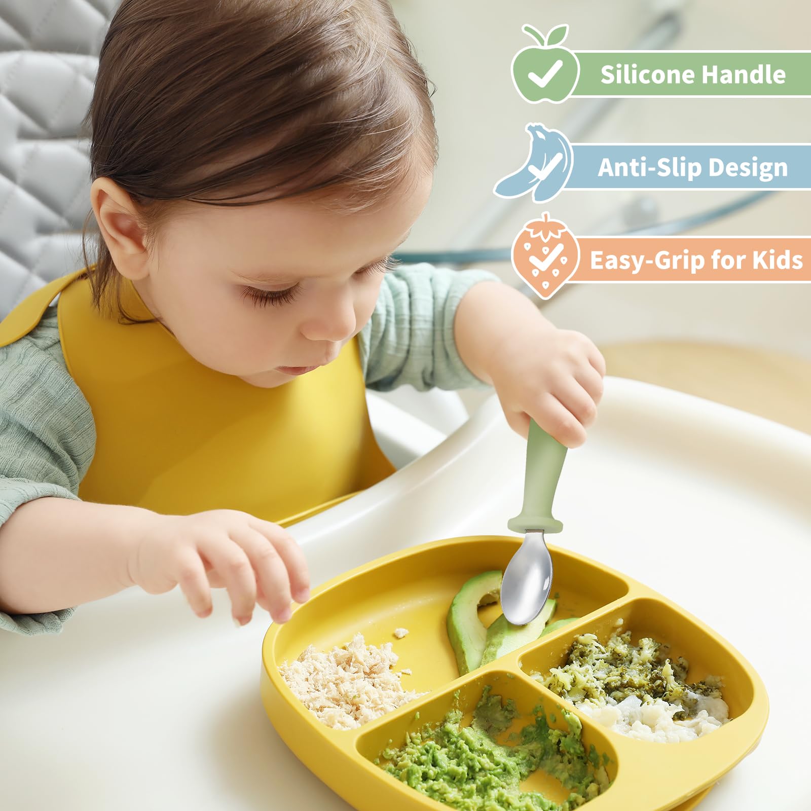 DRKIO 8 Pieces Toddler Utensils Set - Kids Silverware Set with Silicone Handle Children Safe 18/8 Stainless Steel Forks and Spoons Anti-Choke Design Food Grade Dishwasher Safe