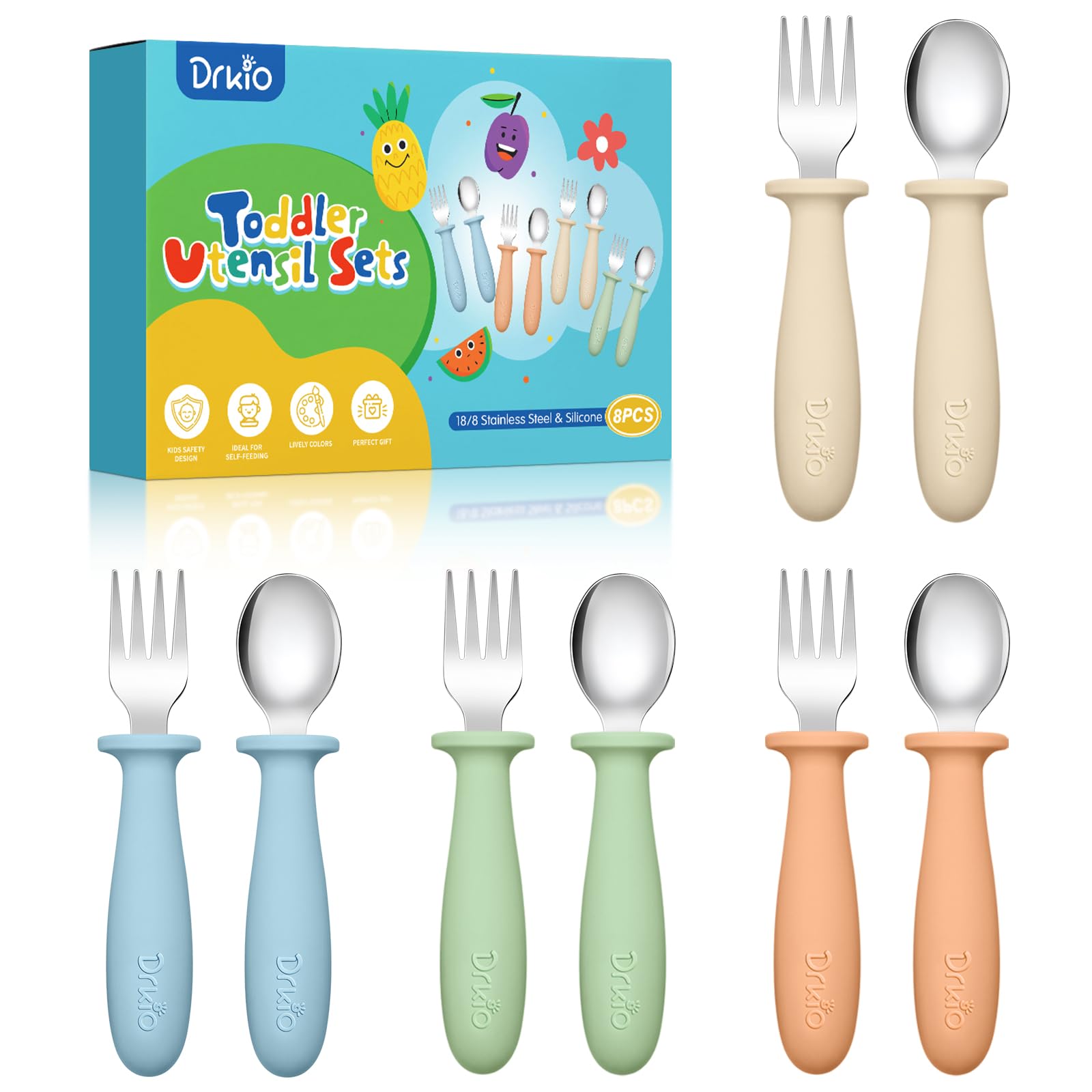 DRKIO 8 Pieces Toddler Utensils Set - Kids Silverware Set with Silicone Handle Children Safe 18/8 Stainless Steel Forks and Spoons Anti-Choke Design Food Grade Dishwasher Safe