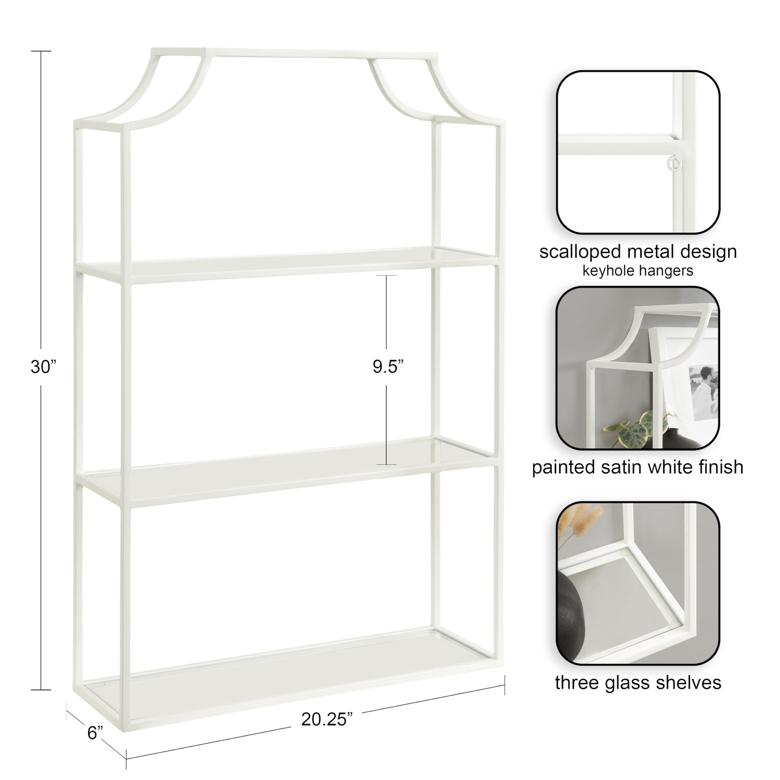 Kate and Laurel Ciel Three-Tiered Wall Shelf, 21 x 30, White, Decorative Floating Shelf Storage and Wall Organizer for Over Toilet Storage Bathroom Display