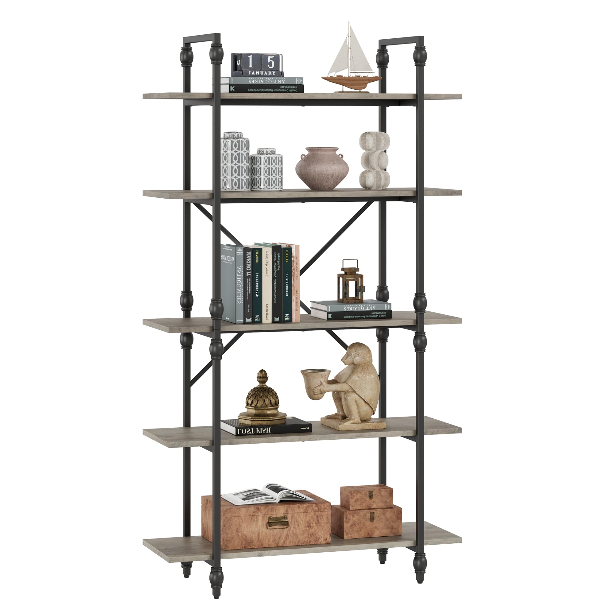 GAOMON 5 Tier Bookshelf, 67.9” Tall Bookcase with 5 Open Book Shelves, Vintage Bookshelves and Bookcases with Roman Column, Large Display Shelves for Home Office, Study Room, Living Room-Grey