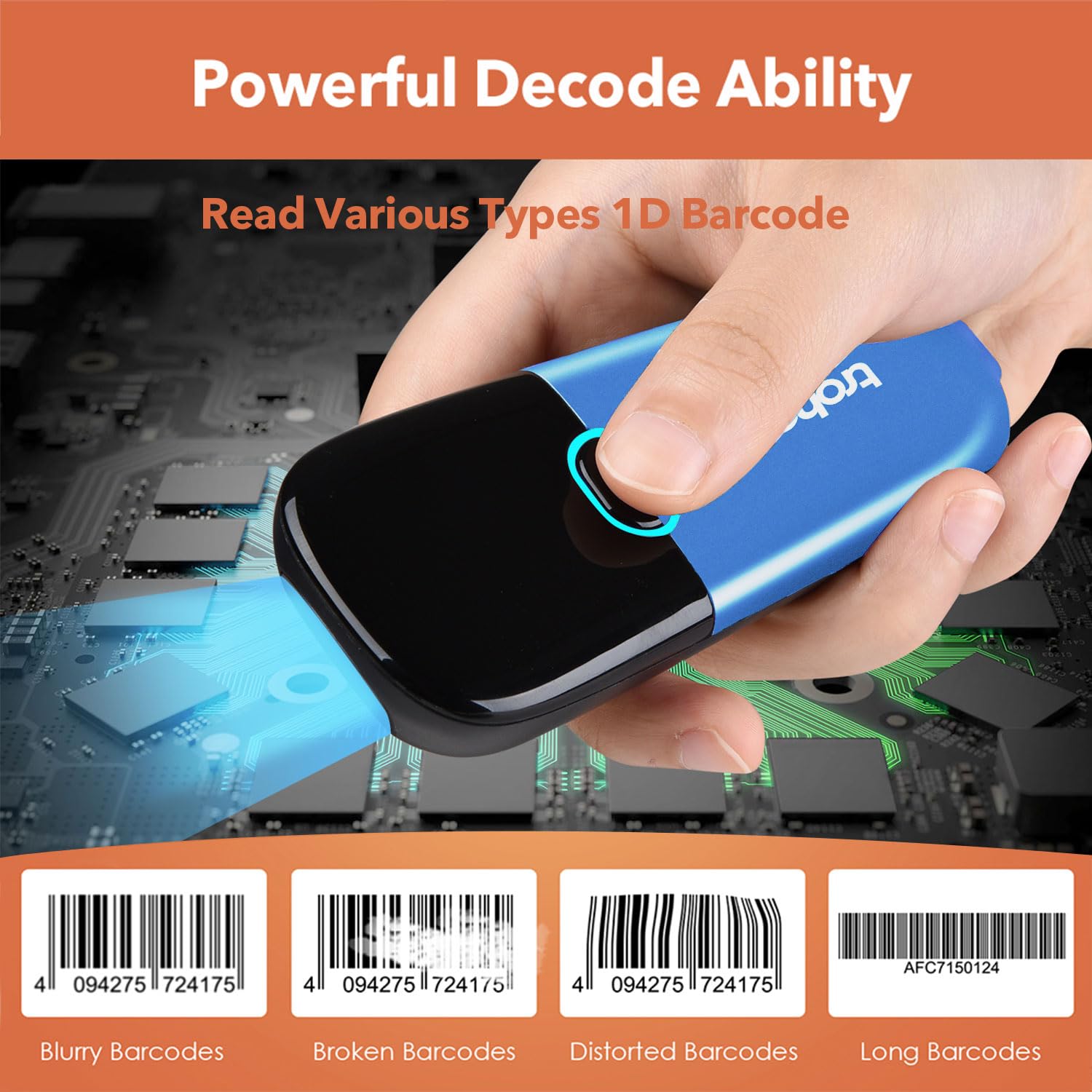 Wireless Barcode Scanner Support Bluetooth 2.4GHz USB Connection,1D Barcode Reader, Handhold Bar Code Reader for Windows, Mac, Android, iOS (N3-1D-Navy Blue)