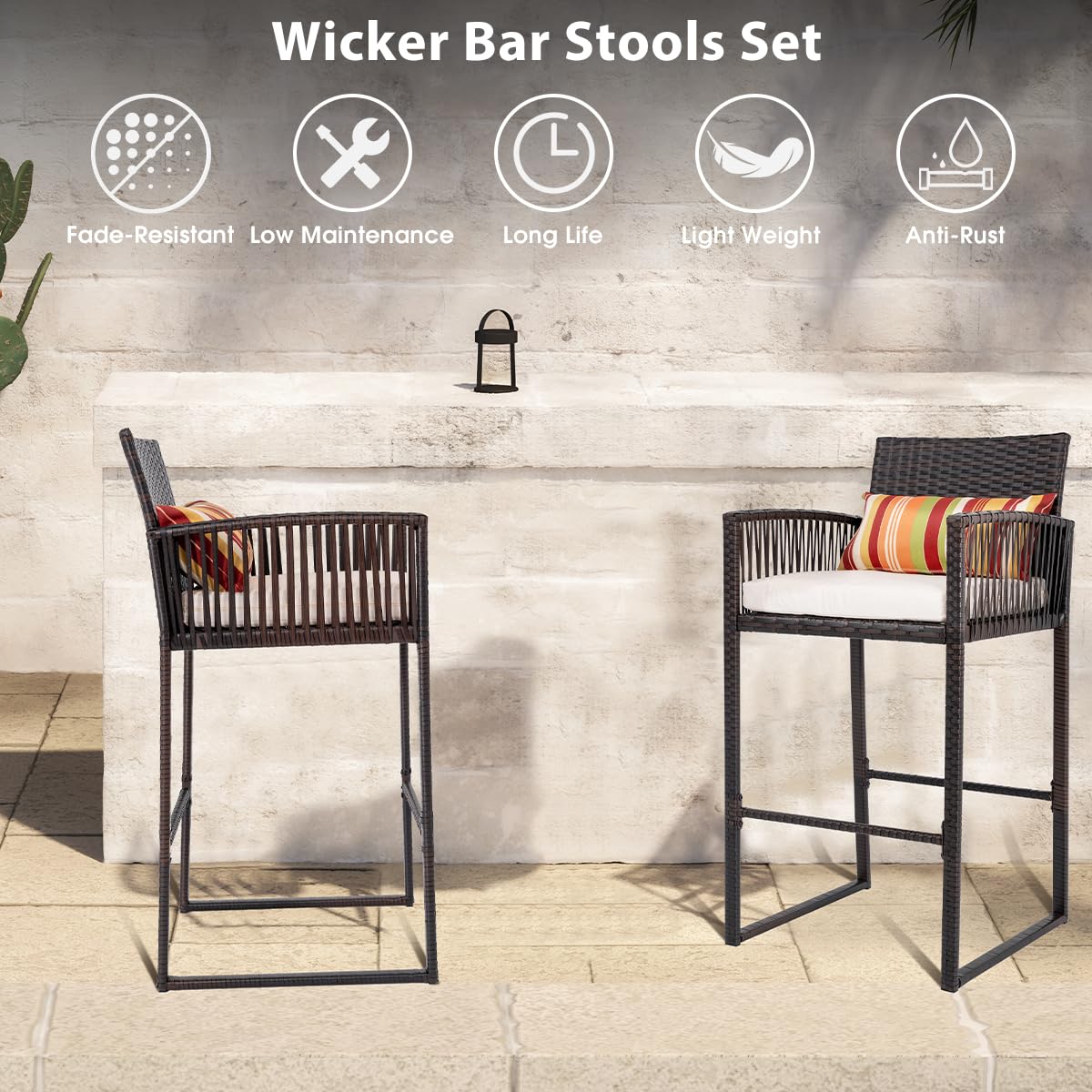 Sundale Outdoor Wicker Bar Stools, Patio Counter Height Brown Rattan Rope Stools with Back Rest, High Chair with Pillow & Beige Cushion, All-Weather Armless Tall Pub Barstool