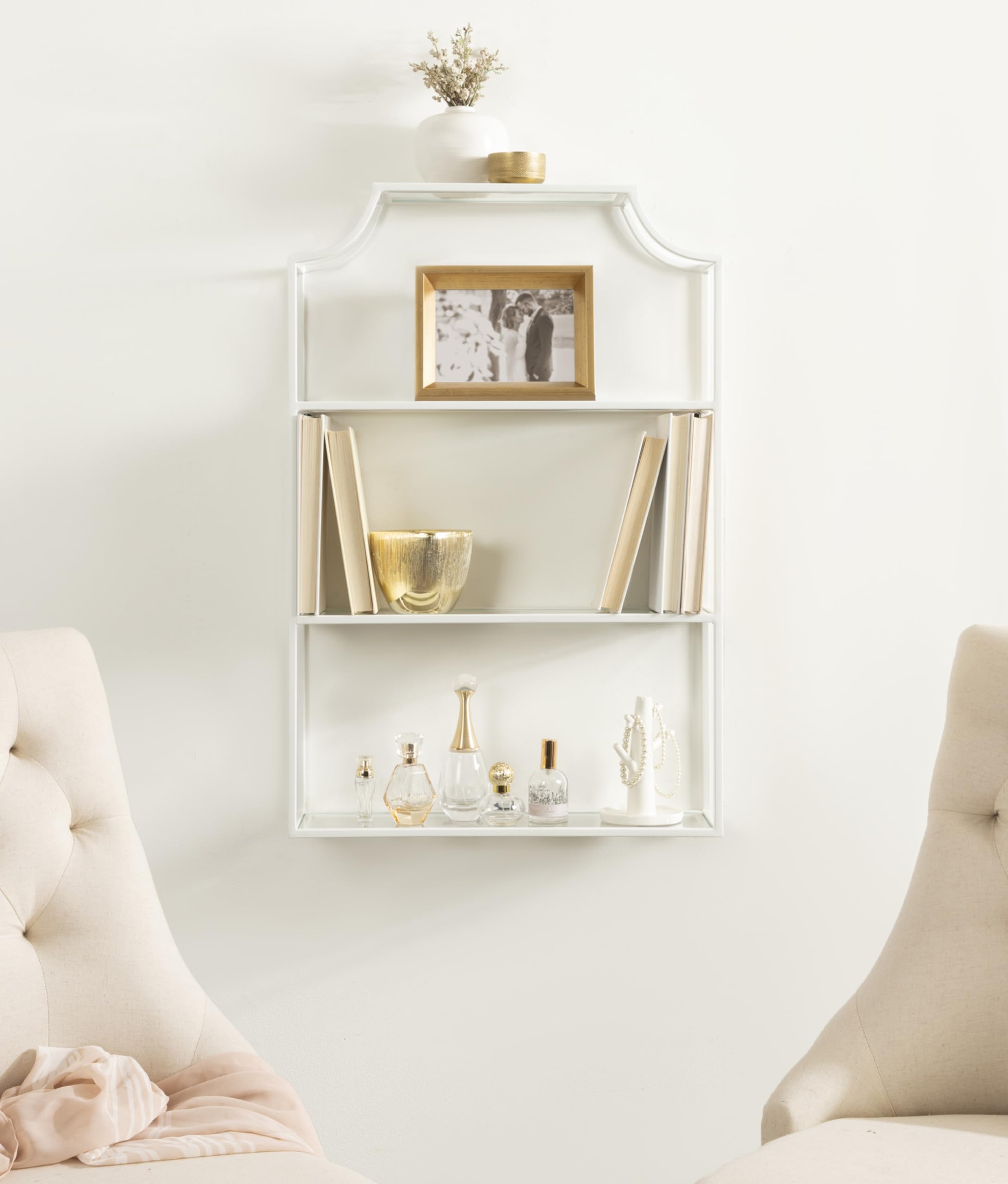 Kate and Laurel Ciel Three-Tiered Wall Shelf, 21 x 30, White, Decorative Floating Shelf Storage and Wall Organizer for Over Toilet Storage Bathroom Display