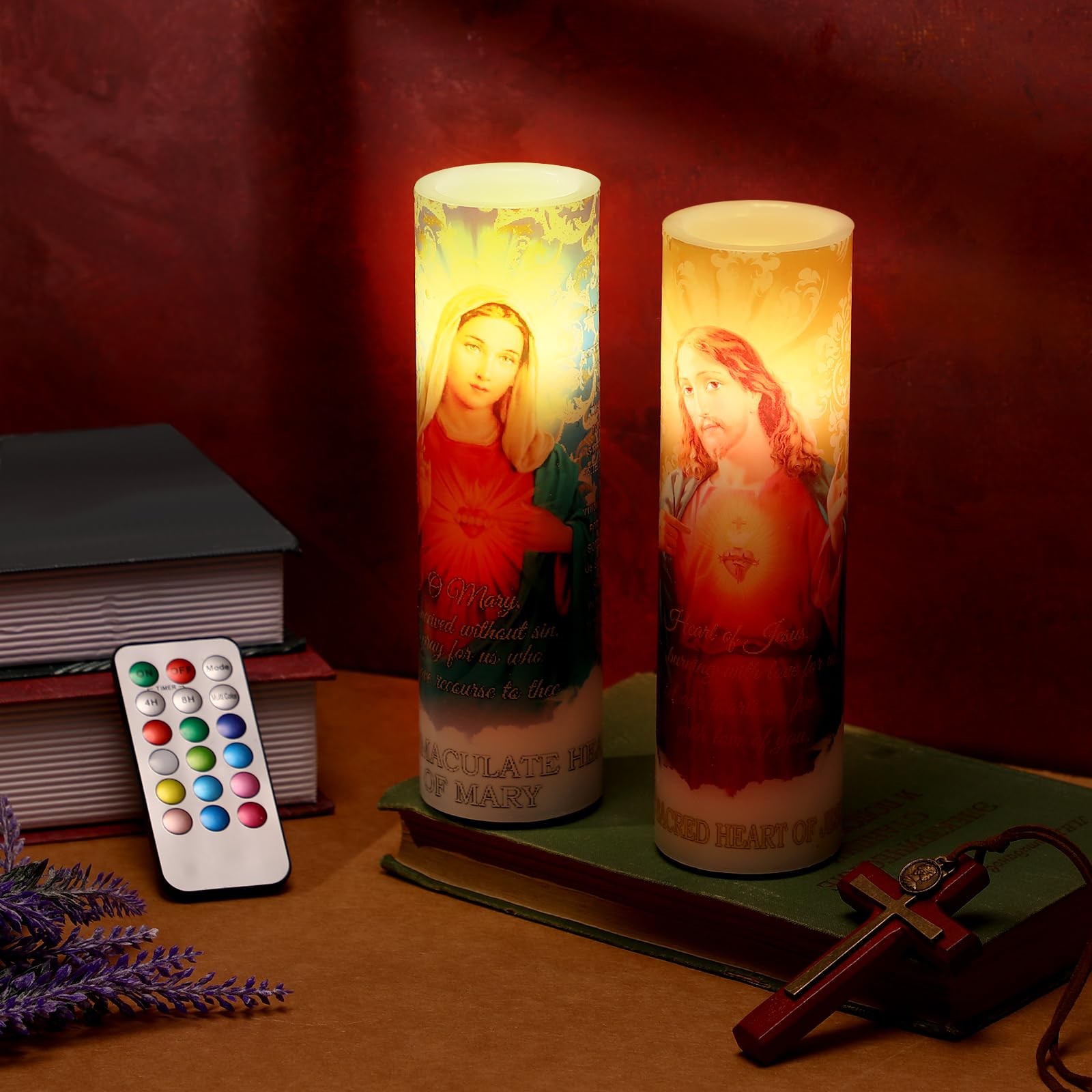 Landhoow 2 Pcs Religious Flameless LED Prayer Candle Real Wax Baptism Candle Set Immaculate Heart of Mary and Sacred Heart of Jesus Battery Operated Candles with Remote Control