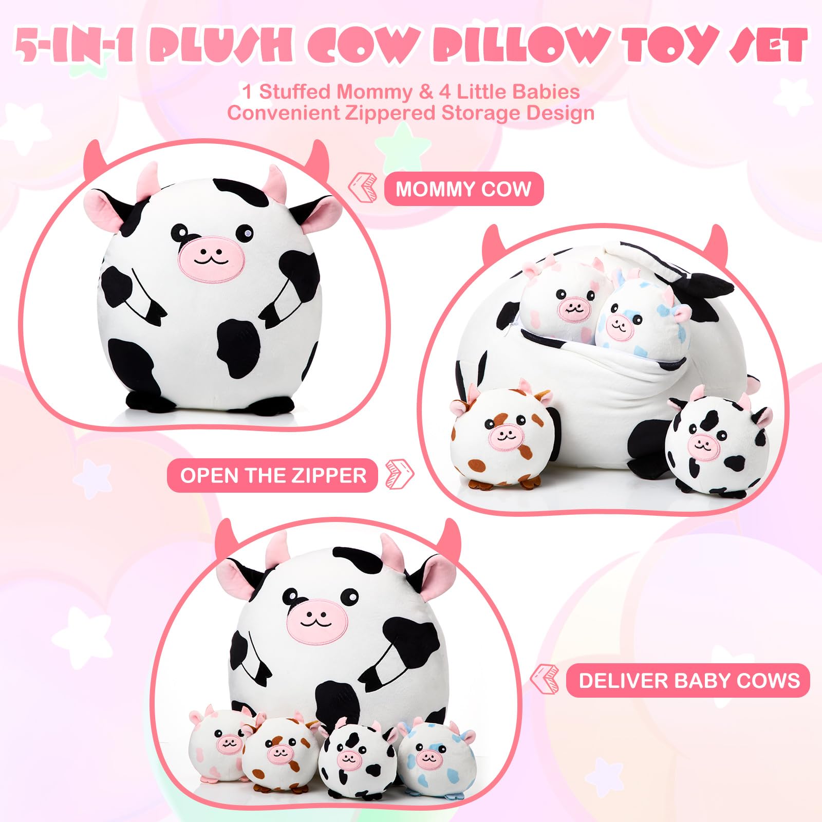 HyDren Cow Plush Pillow Set Mommy Cow Stuffed Animal with 4 Cute Small Spotted Babies Cow Stuffed Animal Plushies Toy Gifts for Boys Toddlers Kids Birthday Party Decor