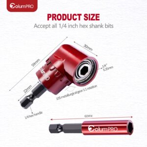 ColumPRO 105 Degree Right Angle Drill Screwdriver Bit Set, 1/4” Hex Shank Right Angle Drill Attachment with 4PCS PZ2 & PH2 Screwdriver bits and bit holder