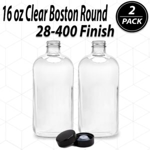 (2 Pack) - 16 oz Clear Glass Boston Round Bottles with Black 28-400 Airtight Phenolic Polycone Caps - Perfect Glass Containers for Secondary Fermentation, Storing condiment, Homemade Essential Oils