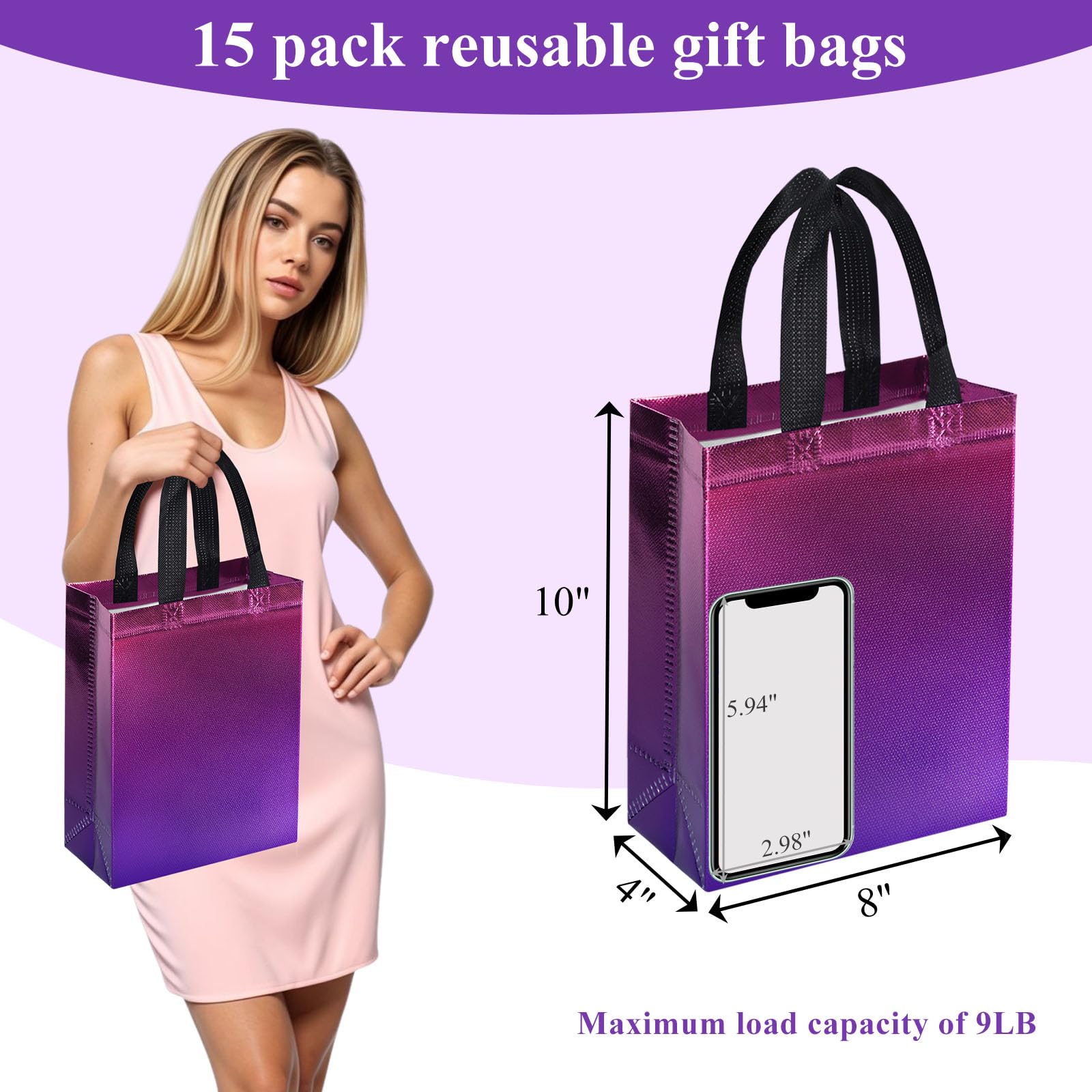 VGOODALL 15PCS Party Favor Bags With Handles, Reusable Bag with Iridescent Finish Pink & Purple Goodie Bags for Birthday Wedding