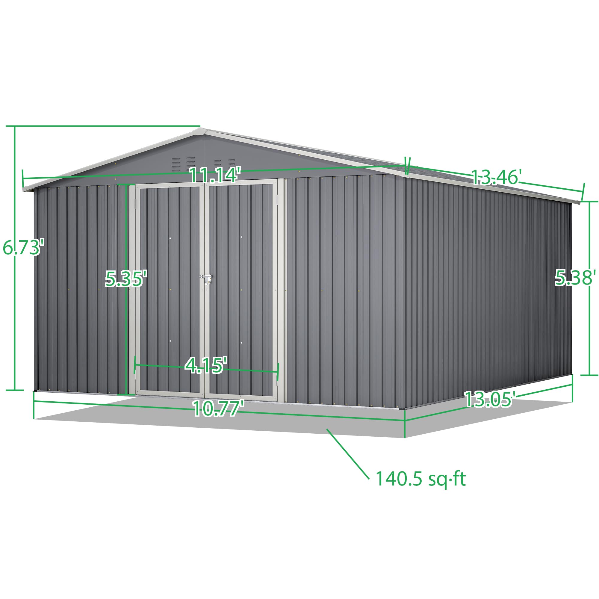 Thanaddo 11x13 FT Outdoor Storage Shed, Metal Steel Utility Tool Shed Storage House with Double Lockable Doors & Air Vent for Backyard Garden Patio Lawn Gray