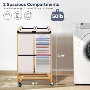 STO STO Laundry Sorter 2 Section with Bamboo Frame, 2 Bag Laundry Hamper, Rolling Laundry Cart Basket with Lockable Wheels and Removable Bag for Clothes Storage in Laundry Room and Bedroom, Beige