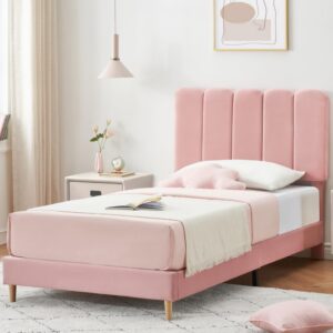 gaomon pink twin bed frame, velvet upholstered platform bed frame with headboard, strong wooden slats, noise-free,no box spring needed, easy assembly (pink)