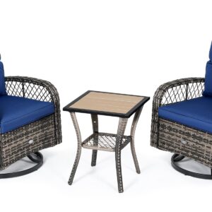 YITAHOME 3-Piece Patio Outdoor Swivel Glider Rocker Wicker Bistro Rocking Furniture Conversation Chairs for Garden, Backyard and Balcony (Navy Blue)