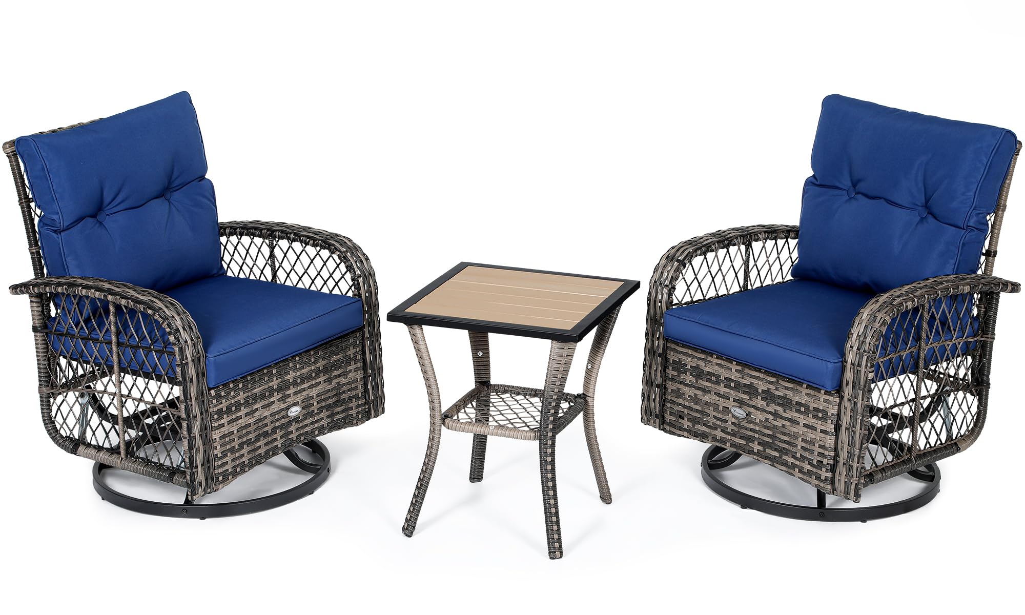 YITAHOME 3-Piece Patio Outdoor Swivel Glider Rocker Wicker Bistro Rocking Furniture Conversation Chairs for Garden, Backyard and Balcony (Navy Blue)