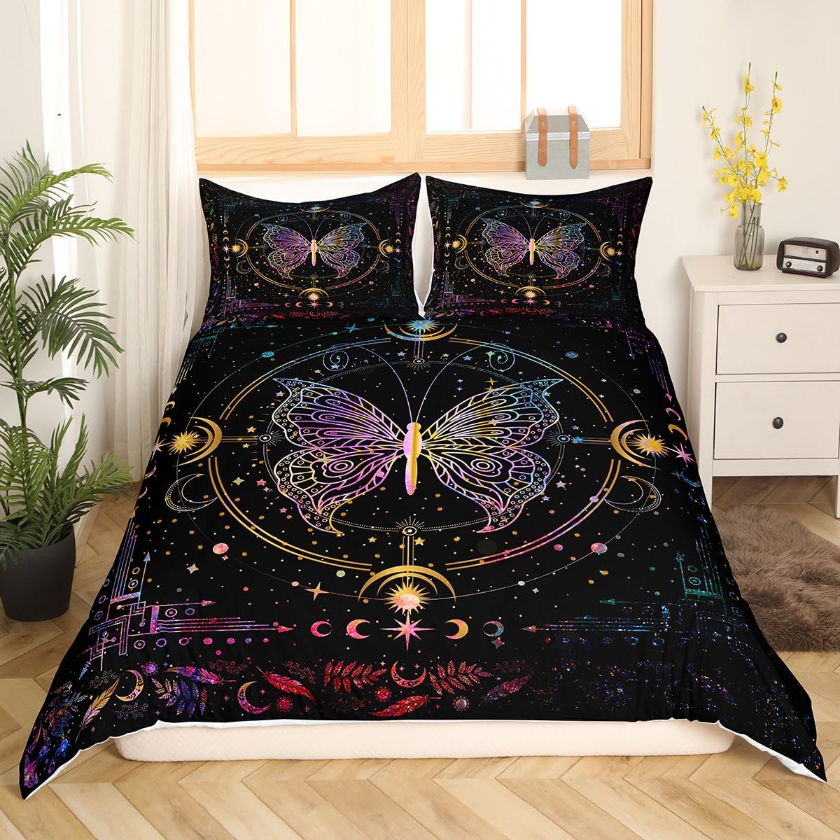 jejeloiu Butterfly Bedding Set Twin Size Kids Sun Moon Comforter Cover Set for Boys Girls Teens Bohemian Duvet Cover Bedspread Cover Room Decorations Quilt Cover(No Comforter)