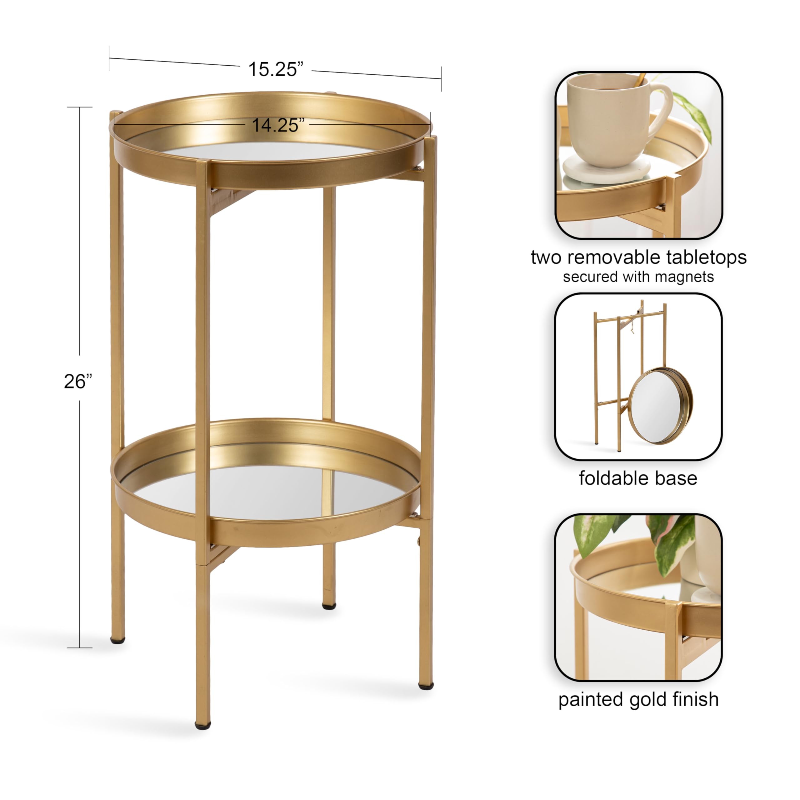 Kate and Laurel Celia Transitional Round Accent Tray Table with Magnetic Removable Tops and Foldable Base, 16x16x25, Gold