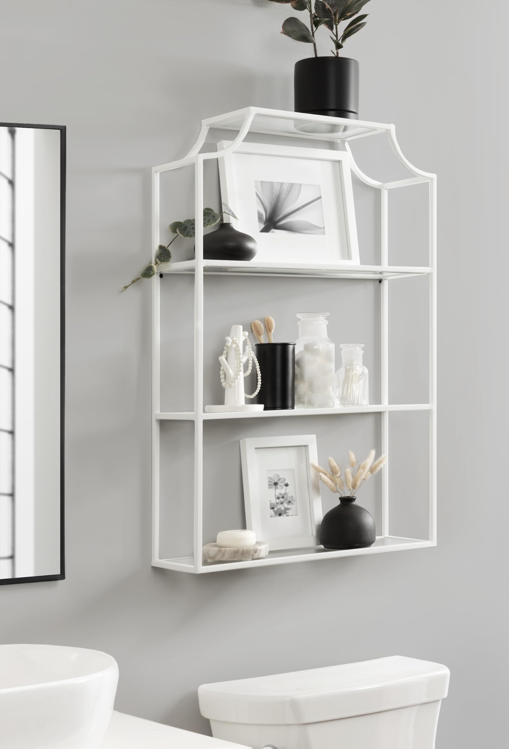 Kate and Laurel Ciel Three-Tiered Wall Shelf, 21 x 30, White, Decorative Floating Shelf Storage and Wall Organizer for Over Toilet Storage Bathroom Display