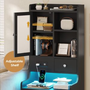 ADORNEVE Tall Night Stand with Charging Station and LED Lights,49.2" Nightstand with Bookshelf, Black Bedside Table with Drawers,End Side Table for Bedrooms