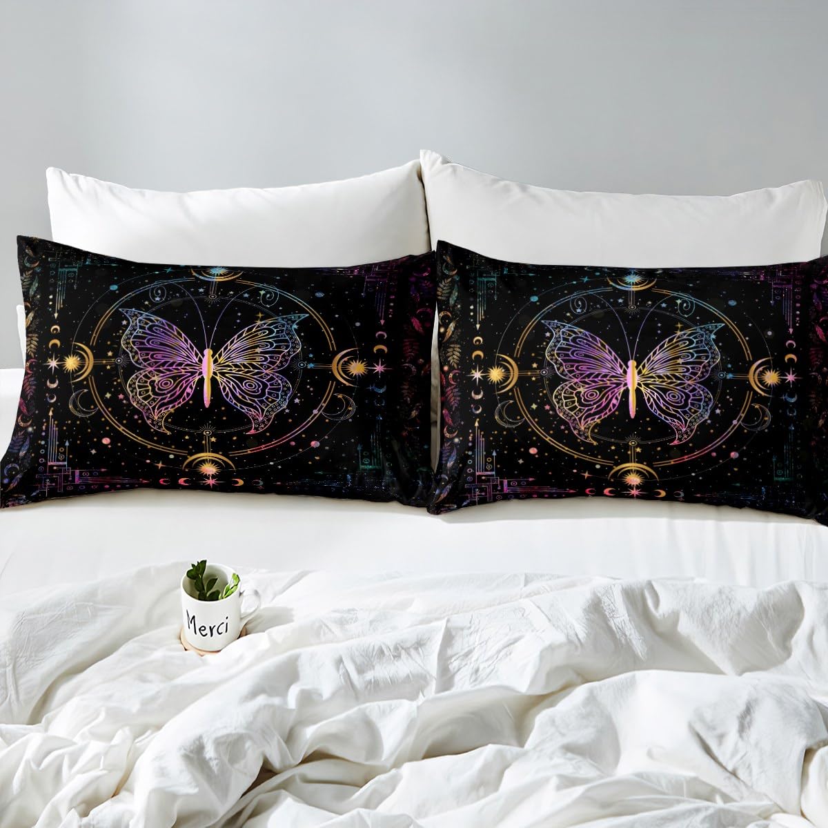 jejeloiu Butterfly Bedding Set Twin Size Kids Sun Moon Comforter Cover Set for Boys Girls Teens Bohemian Duvet Cover Bedspread Cover Room Decorations Quilt Cover(No Comforter)