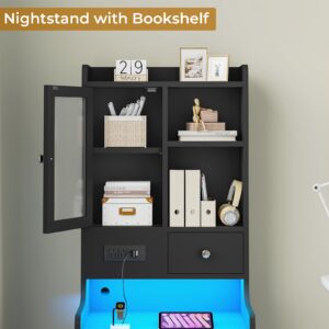 BTHFST Black Nightstand Set of 2, LED Night Stand Set 2 with Charging Station, Tall Bedside Table with Drawers & Shelves, End Side Table with Lights & Storage