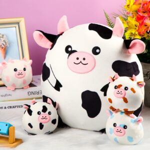 HyDren Cow Plush Pillow Set Mommy Cow Stuffed Animal with 4 Cute Small Spotted Babies Cow Stuffed Animal Plushies Toy Gifts for Boys Toddlers Kids Birthday Party Decor