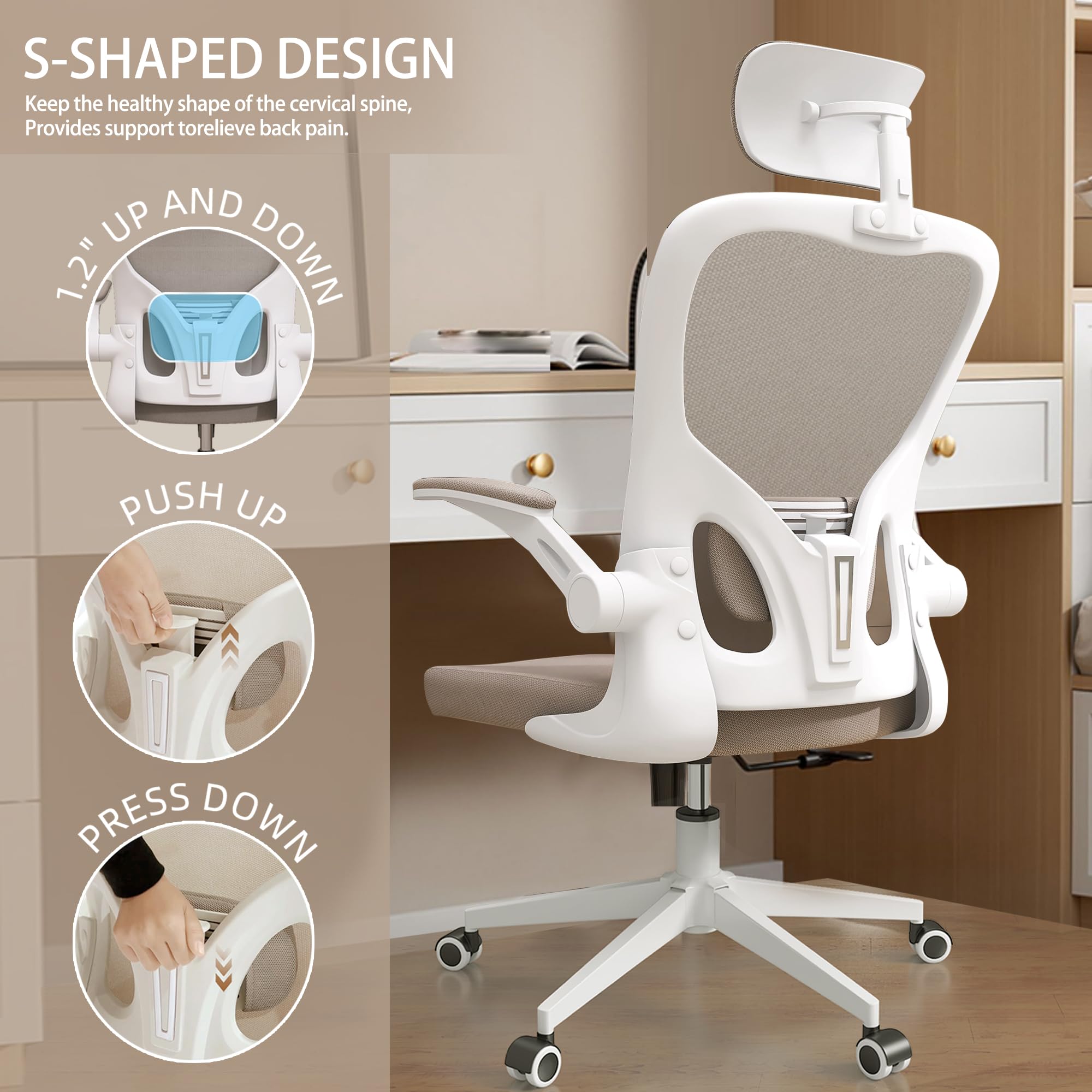 Home Desk Office Chair, High Back Ergonomic Desk Chair with Lumbar Support, Breathable Mesh Computer Chair with Adjustable Headrest and Flip-Up Armrests, Swivel Task Chair for Home Office