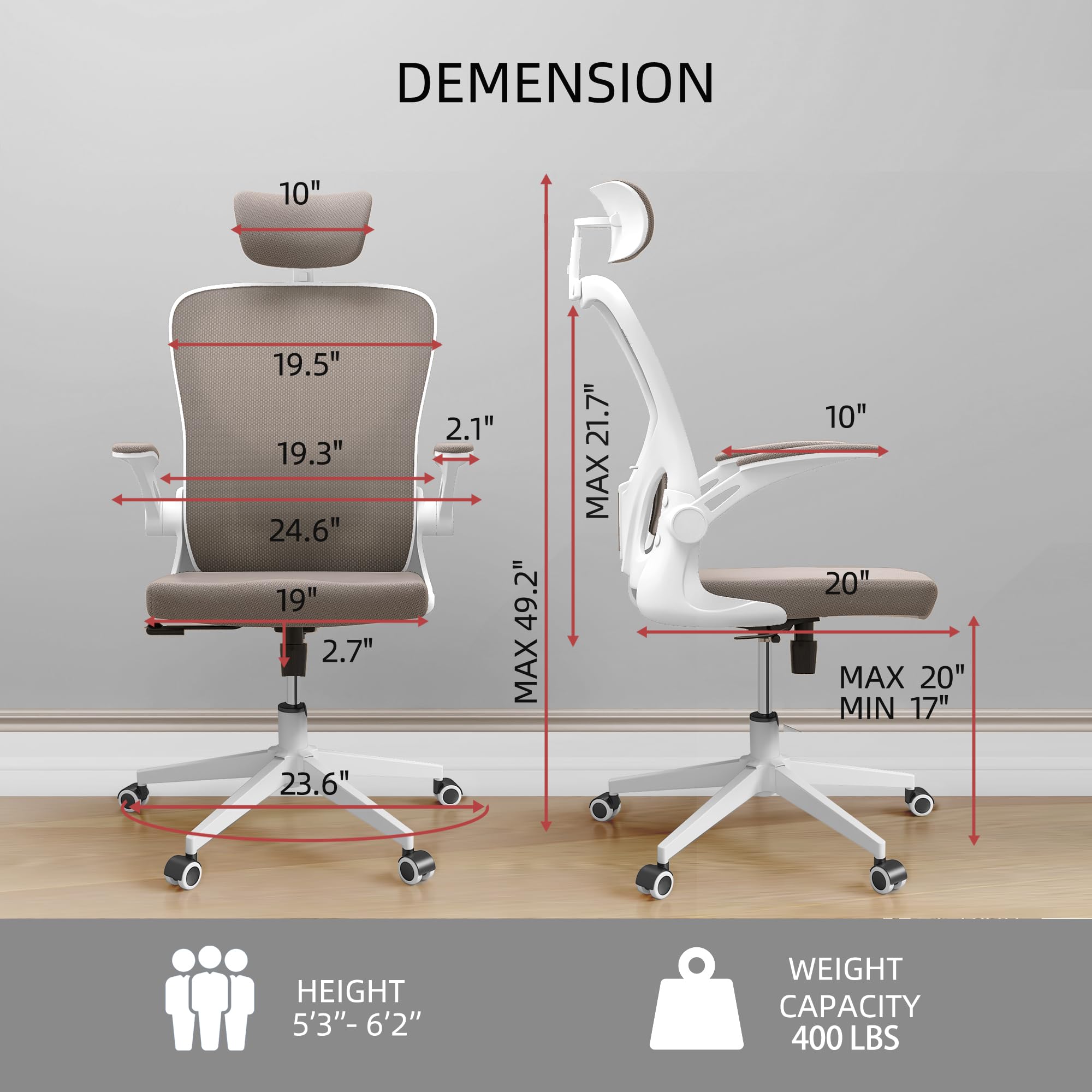 Home Desk Office Chair, High Back Ergonomic Desk Chair with Lumbar Support, Breathable Mesh Computer Chair with Adjustable Headrest and Flip-Up Armrests, Swivel Task Chair for Home Office