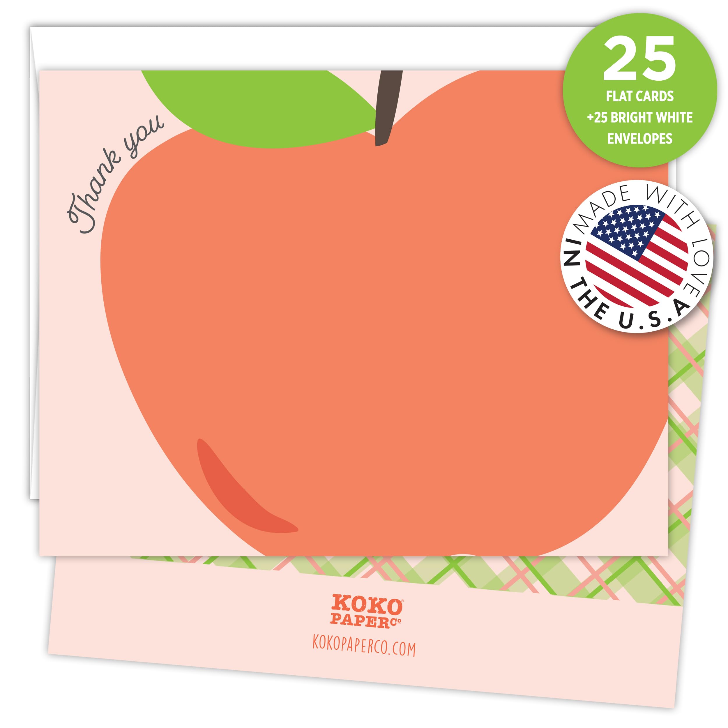 Koko Paper Co Apple-Themed Thank You Cards for Teacher Appreciation, Autumn Celebrations, and More! 25 Flat Cards + 25 Bright White Envelopes. Made in the U.S.A.