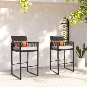 Sundale Outdoor Wicker Bar Stools, Patio Counter Height Brown Rattan Rope Stools with Back Rest, High Chair with Pillow & Beige Cushion, All-Weather Armless Tall Pub Barstool