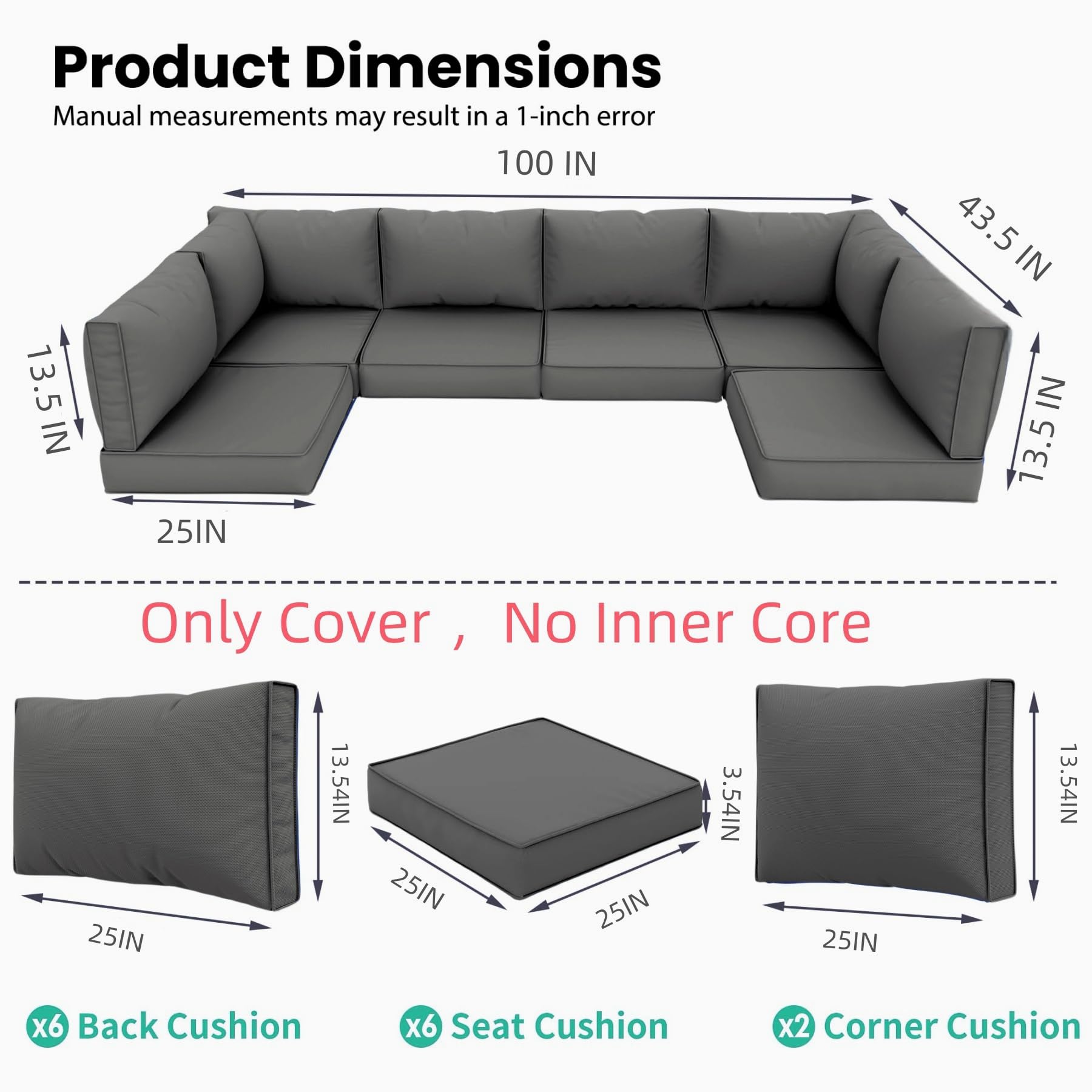 PROHIKER Patio Cushion Cover Replacement 14 Pack Outdoor Sofa Cushion and Pillow Covers Only with Zipper for 7-Piece Outdoor Patio Furniture Conversation Set (Dark Grey)