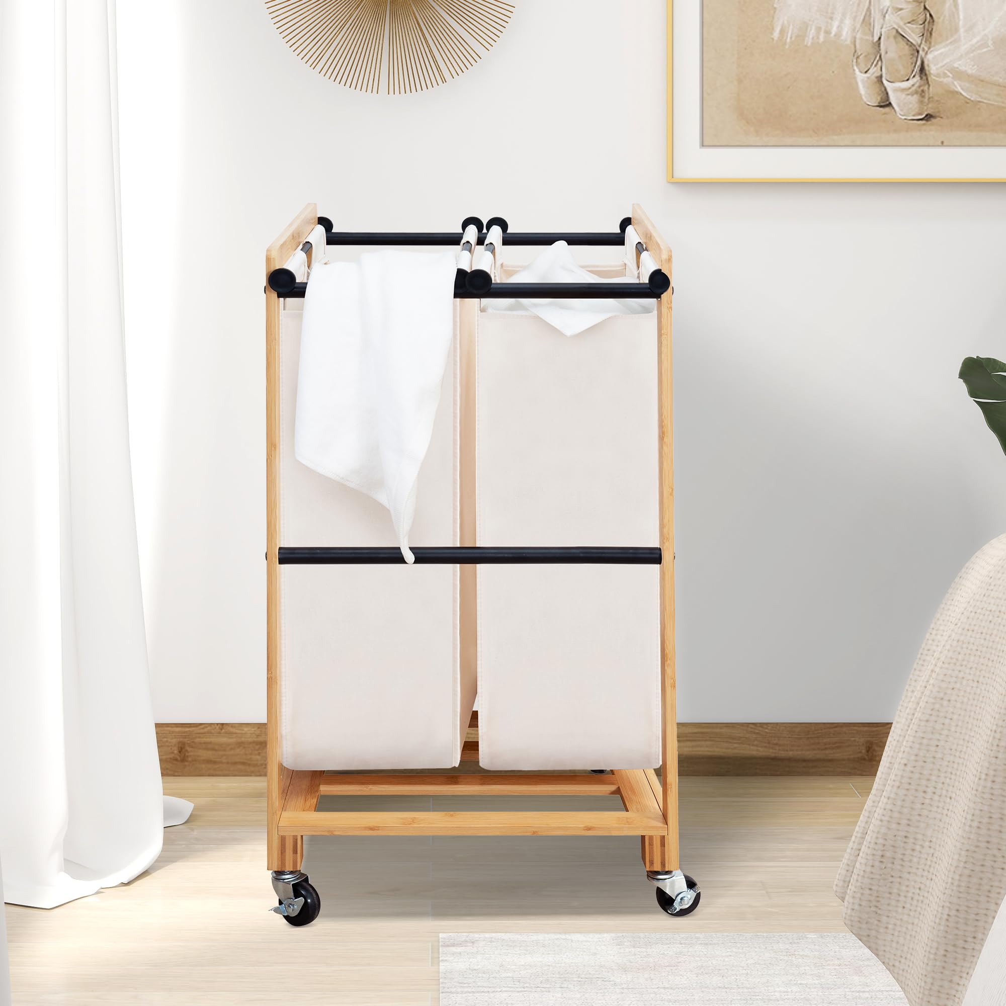 STO STO Laundry Sorter 2 Section with Bamboo Frame, 2 Bag Laundry Hamper, Rolling Laundry Cart Basket with Lockable Wheels and Removable Bag for Clothes Storage in Laundry Room and Bedroom, Beige