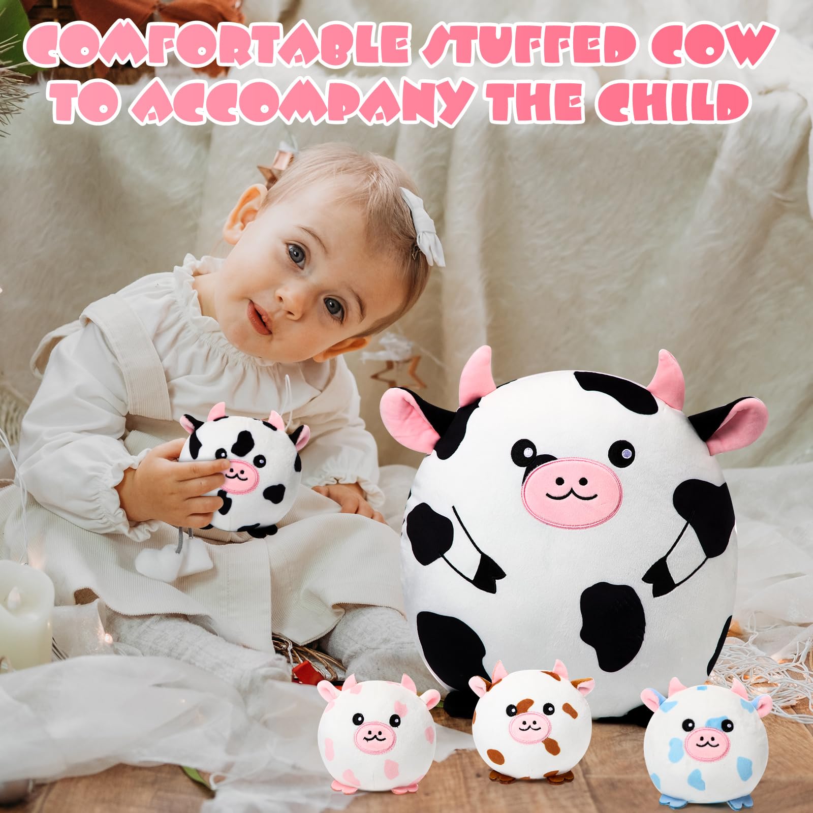 HyDren Cow Plush Pillow Set Mommy Cow Stuffed Animal with 4 Cute Small Spotted Babies Cow Stuffed Animal Plushies Toy Gifts for Boys Toddlers Kids Birthday Party Decor