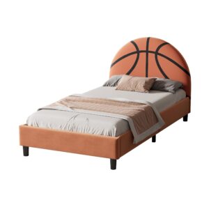 Merax Basketball Design Velvet Upholstered Platform Bed for Boys, Girls, Teens, Twin Metal Platform Bed Frame for Bedroom, Children's Room, Solid Wooden Slat Support, No Box Spring Needed, Orange