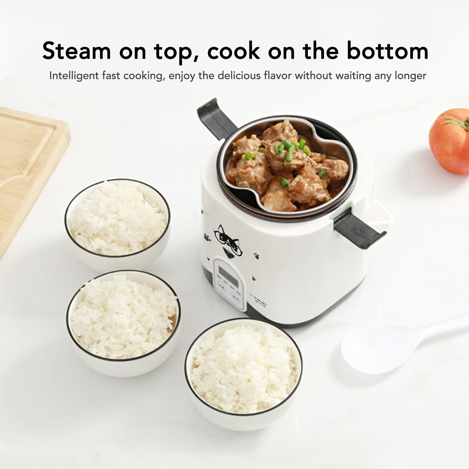 Portable 12V Car Travel Rice Cooker 2 Cups,1.2L Mini Rice Cookers with Cooking Heating and Keeping Warm Function, 304 Stainless Steel Steam Tray