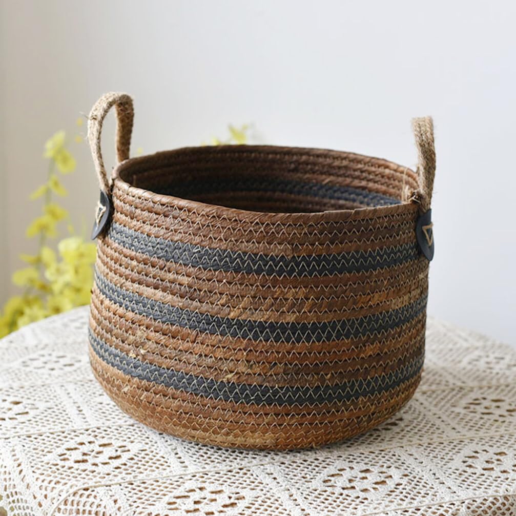 Cabilock Woven Storage Basket Straw Planter Basket Toy Blanket Organizer Bin Laundry Hamper With Handles Wicker Basket Sundries Case Container for Home Decor