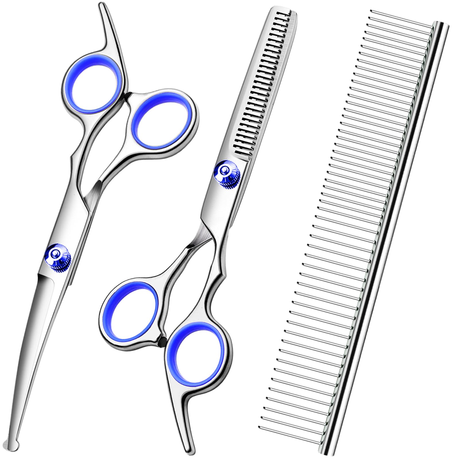 FAIGEO Professional Dog Grooming Scissors Kit, Titanium Coated Dog Scissors for Grooming, Grooming Shears Kit - Thinning, Curved Scissors and Comb for Dog Cat Pet (Blue 4 in 1)