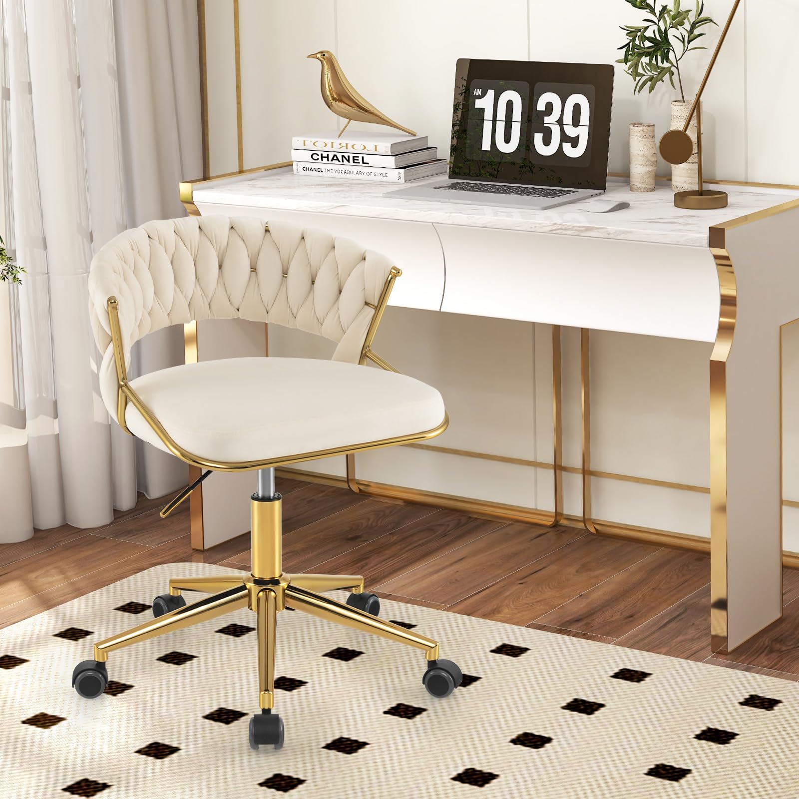 COSTWAY Velvet Office Desk Chair, Upholstered Makeup Vanity Chair w/Woven Back & Gold Base, Height Adjustable Swivel Computer Task Chair, Home Office Chair w/Wheels for Bedroom Study (Beige)