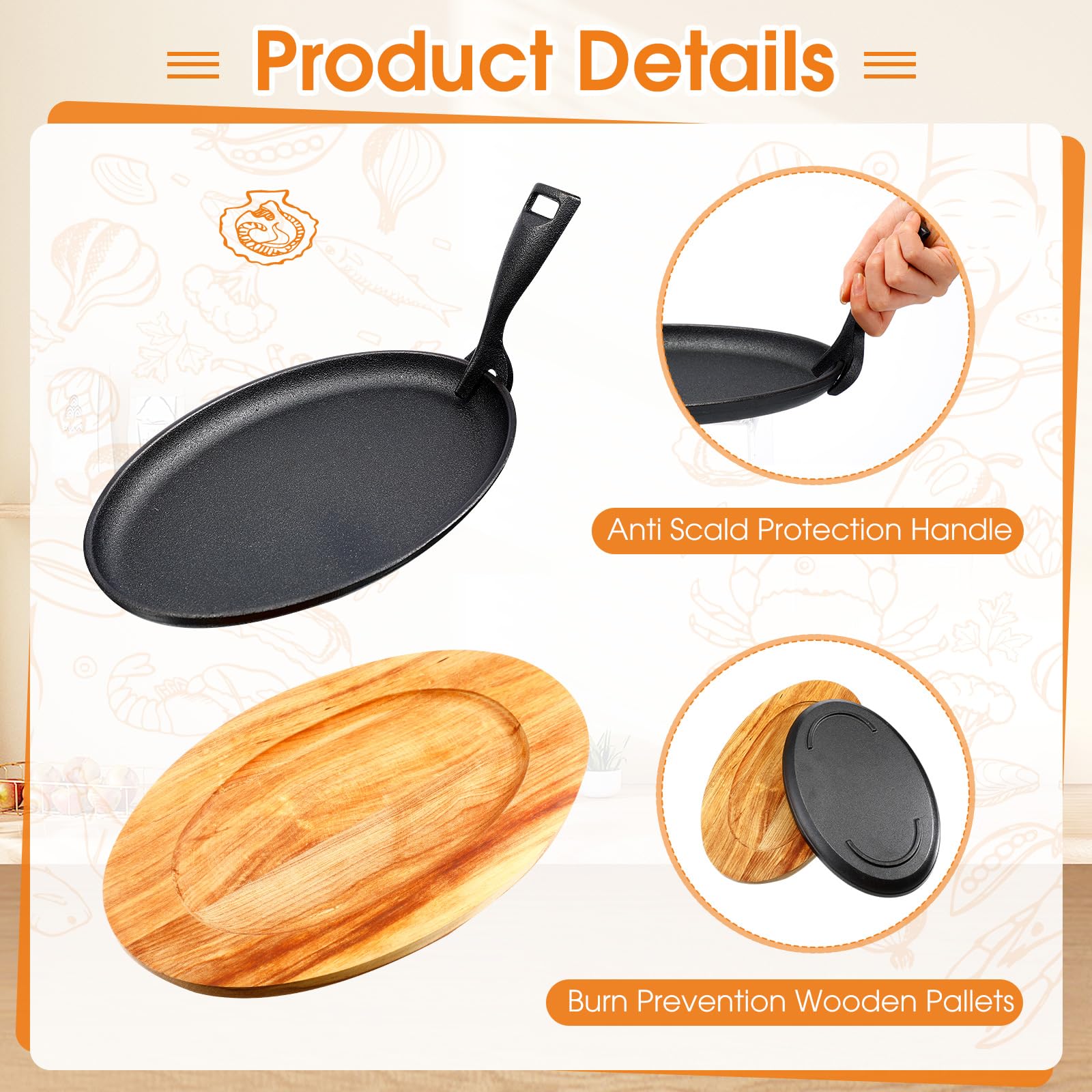 FoldTier 2 Sets Cast Iron Skillet Set 10.63'' x 6.89'' Fajita Plate Sizzling Pan with Wooden Base Anti Scald Protection Removable Handle for Restaurant Kitchen Cooking Accessory BBQ Party