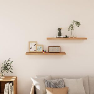 Fun Memories Floating Shelves, 8 Inch Deep Rustic Elm Wood Wall Shelves for Storage, Wall Mounted Display Shelving with Invisible Heavy-Duty Metal Bracket (Natural, 36" W x 8" D, Set of 2)