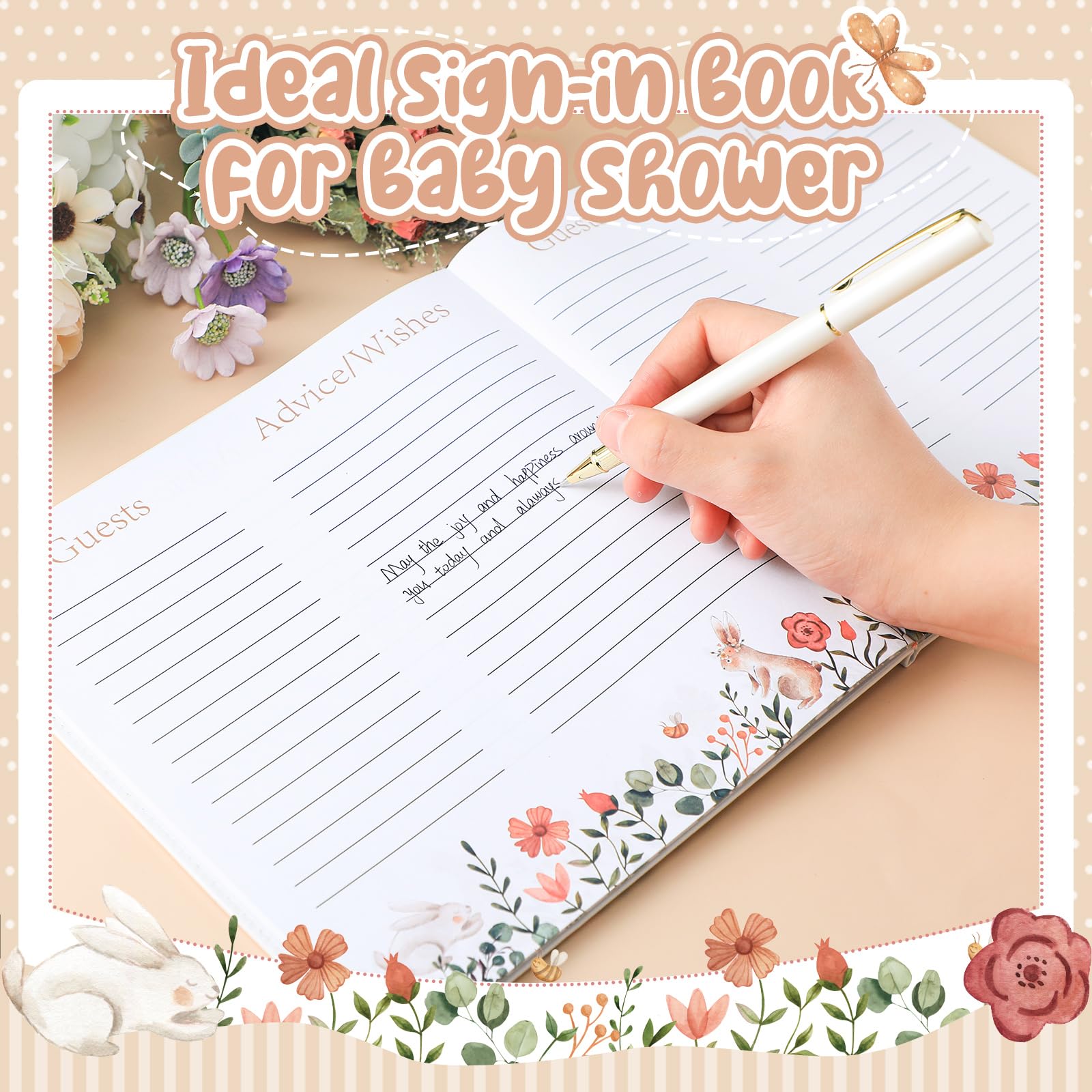 Engrowtic Floral Baby Shower Leather Guest Book with Pen 112 Pages Thanksgiving Day Guestbook Baby Shower Sign in Guest Book with Birth Date Baby Name Wishes Advice Gift for Parents