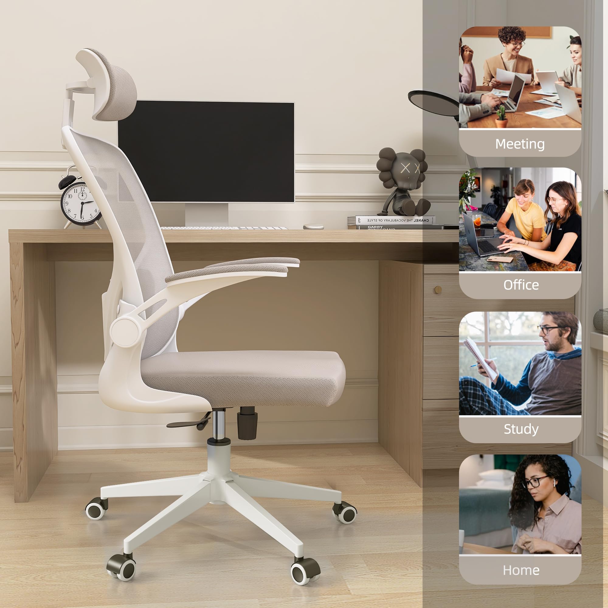 Home Desk Office Chair, High Back Ergonomic Desk Chair with Lumbar Support, Breathable Mesh Computer Chair with Adjustable Headrest and Flip-Up Armrests, Swivel Task Chair for Home Office