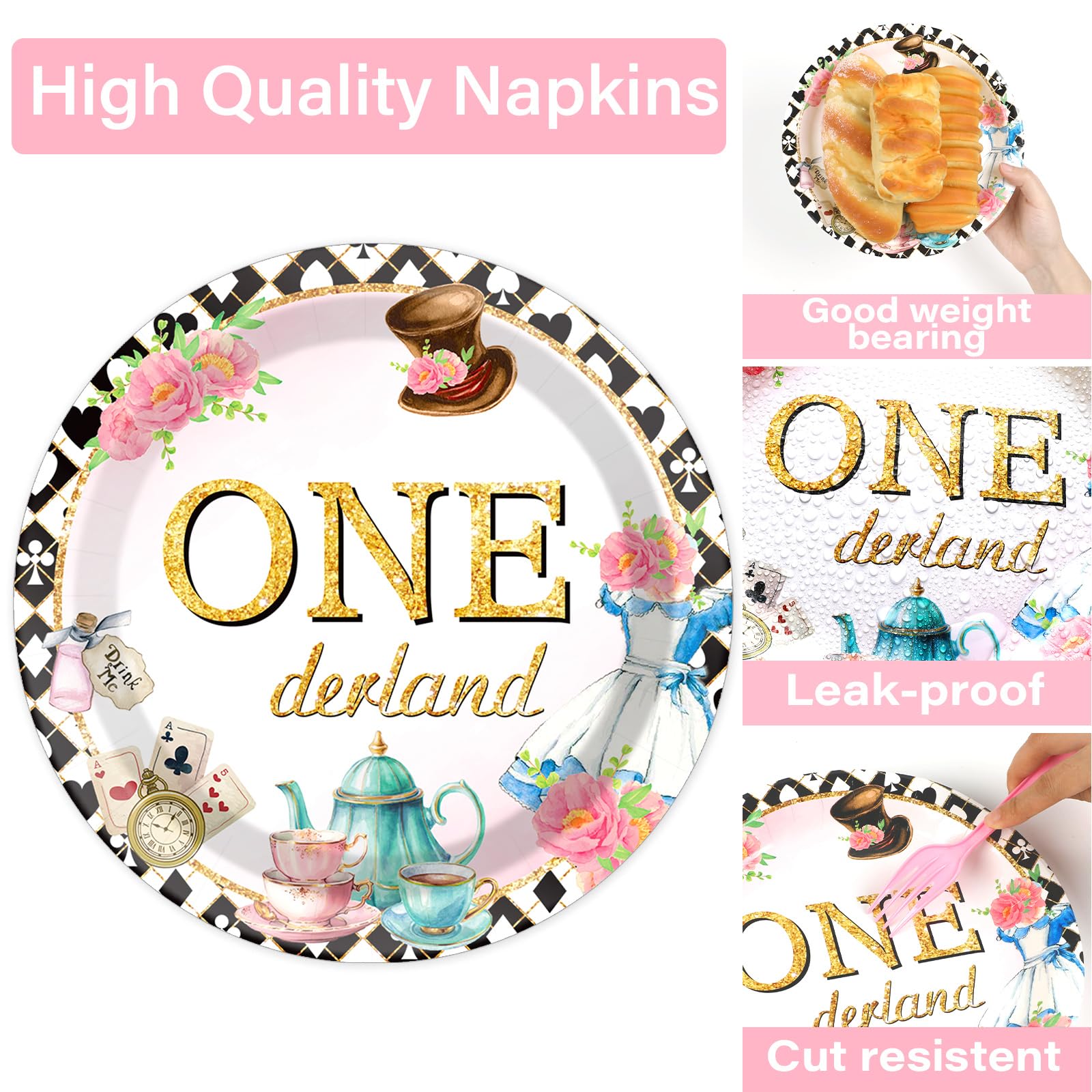 QOUBAI 100Pcs Wonederland 1st Birthday Party Supplies Onederland 1st Birthday Paper Plates Napkins Fork Set Disposable Fairy First Birthday Tableware Decorations for Girls Baby Shower Dinner Serves 25