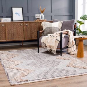 BoutiqueRugs Maulawin Farmhouse High Low Textured Shag Area Rug - Boho Moroccan Geometric Carpet for Living Room, Bedroom, Dining Room - Charcoal, Cream, Peach - 6'7" x 9' (6x9 Area Rug)