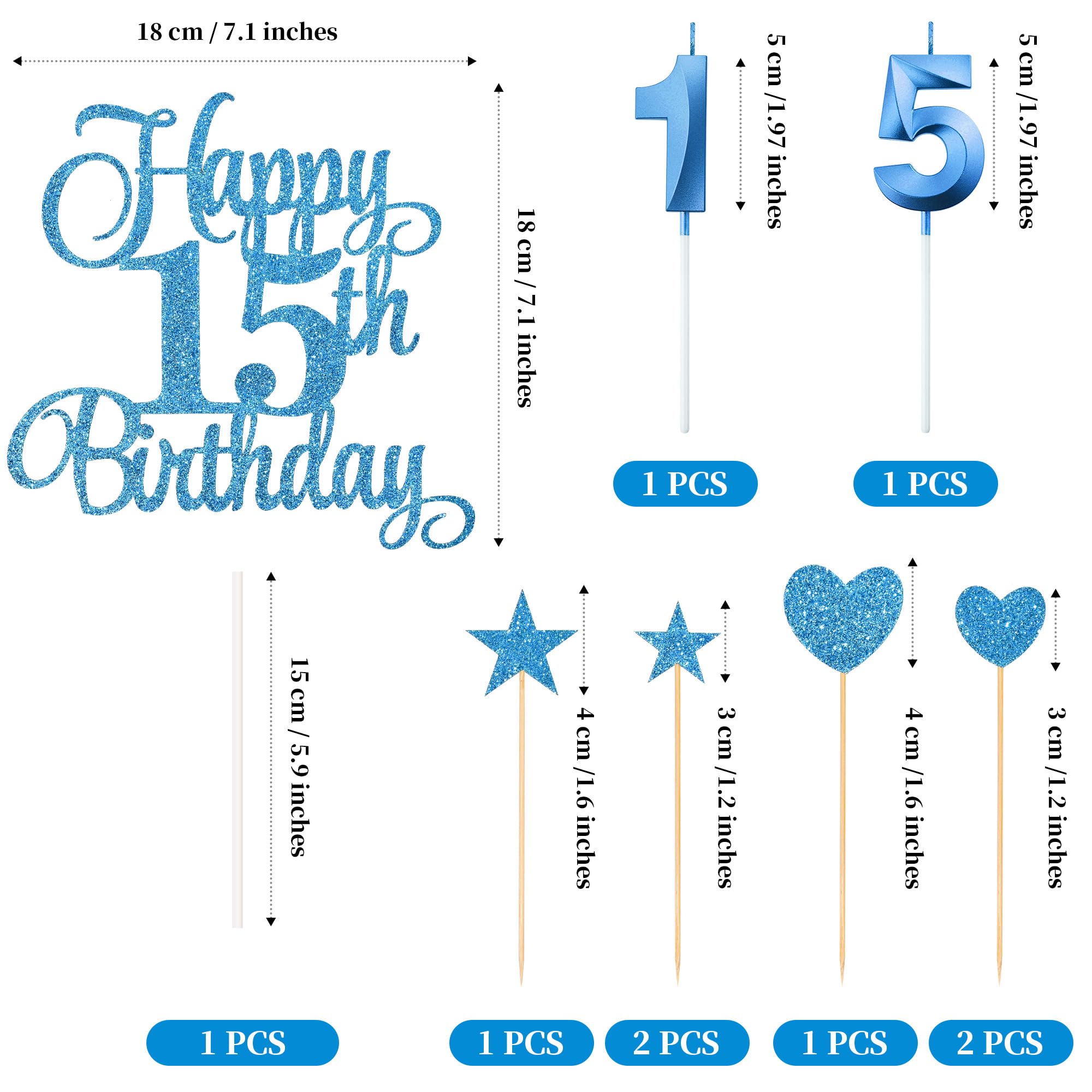 Lecferrarc 15th Birthday Cake Decorations, 15th Birthday Candles Cake Numeral Candles and Glitter Happy 15th Birthday Cake Toppers Set for Birthday Party Supplies (Blue)