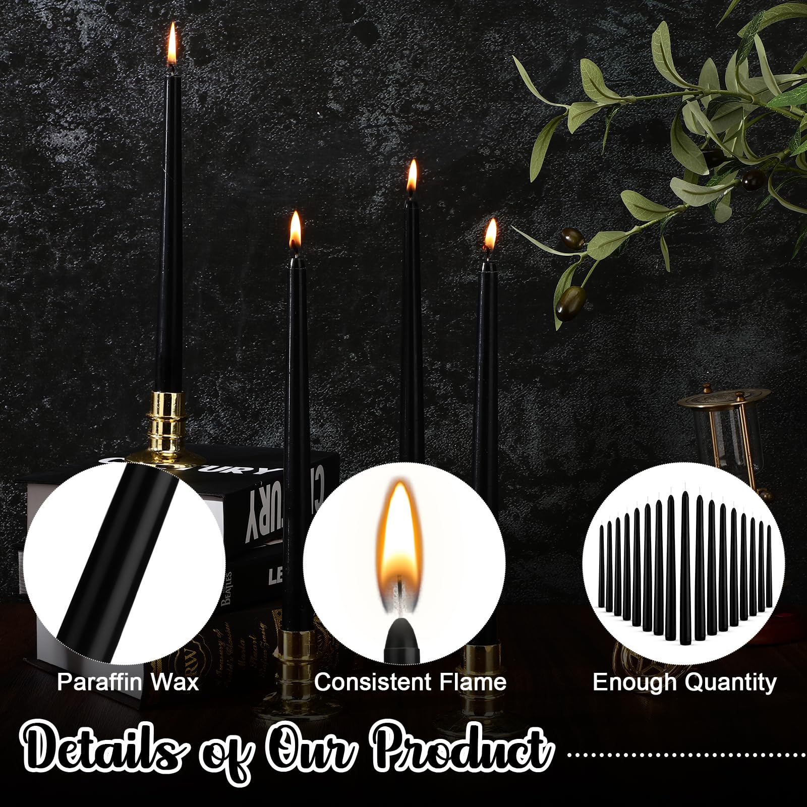 Nuanchu 100 Pcs Black Taper Candles 10 Inch (H) Dripless Tapered Candles Smokeless Long Candles Tall Unscented Dinner Candle for Household Wedding Party Home Decor Candlesticks, Long Burning