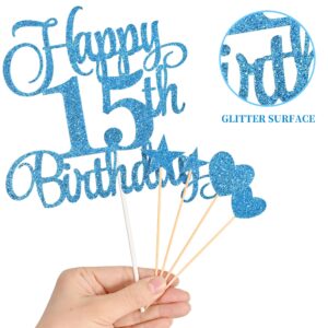 Lecferrarc 15th Birthday Cake Decorations, 15th Birthday Candles Cake Numeral Candles and Glitter Happy 15th Birthday Cake Toppers Set for Birthday Party Supplies (Blue)