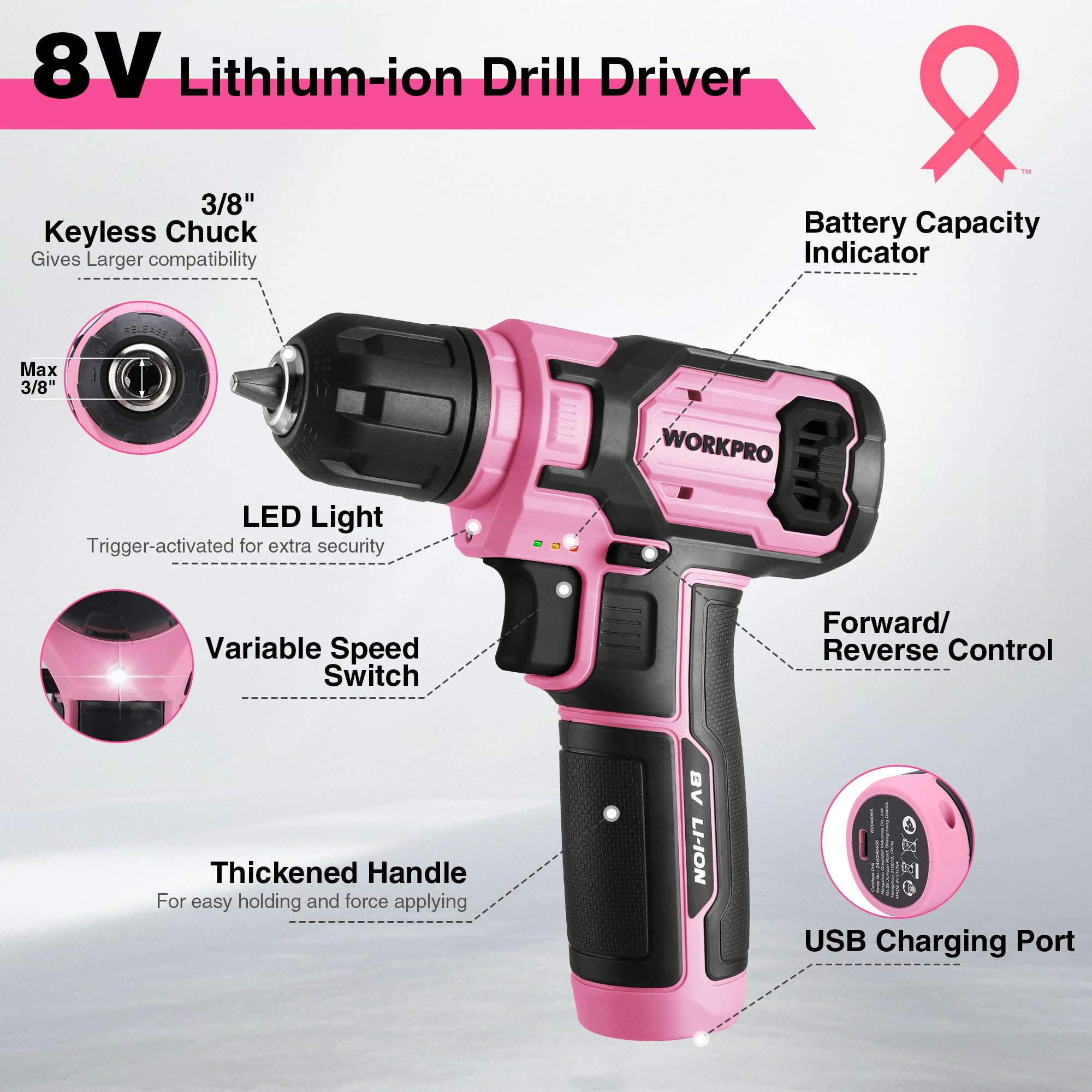 WORKPRO Pink Power Drill Set, 8V Cordless Drill Driver Set with 53pcs Bit Set, 2.0Ah Electric Cordless Drill Kit with 3/8" Keyless Chuck and Variable Speed Trigger, Portable Drill for DIY- Pink Ribbon