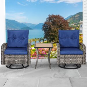 YITAHOME 3-Piece Patio Outdoor Swivel Glider Rocker Wicker Bistro Rocking Furniture Conversation Chairs for Garden, Backyard and Balcony (Navy Blue)